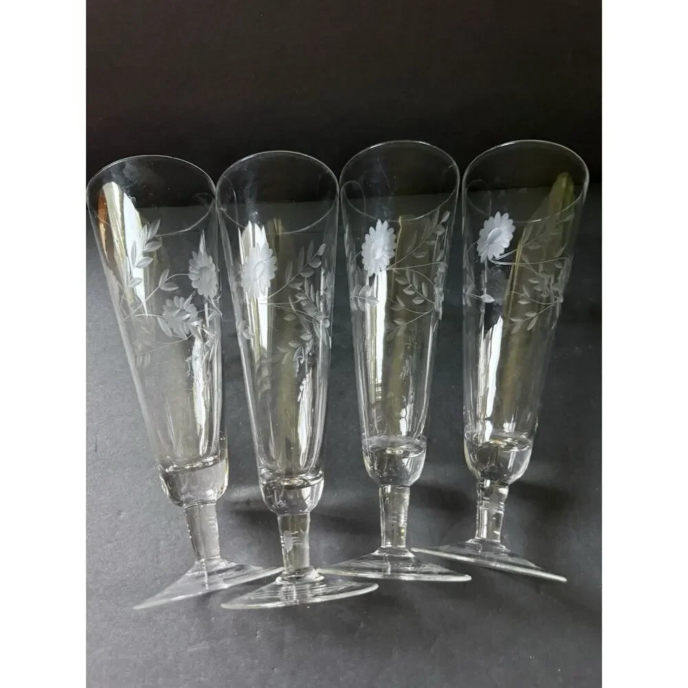Vintage Etched Crystal Pilsner Glasses Champagne Barware Set (4)Flower Design